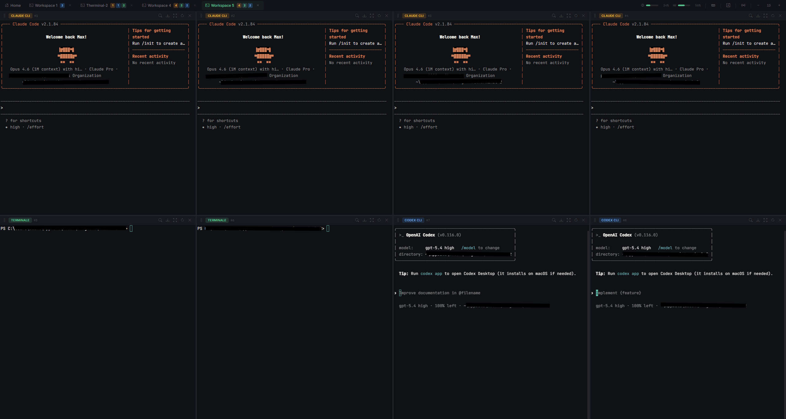 Workspace di Therminal con piu terminali aperti in griglia