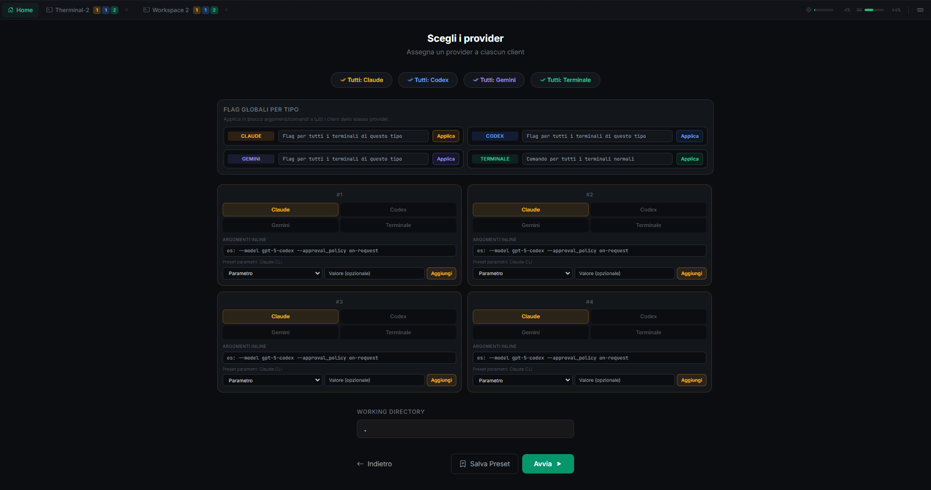 Configurazione provider di Therminal prima dell'avvio